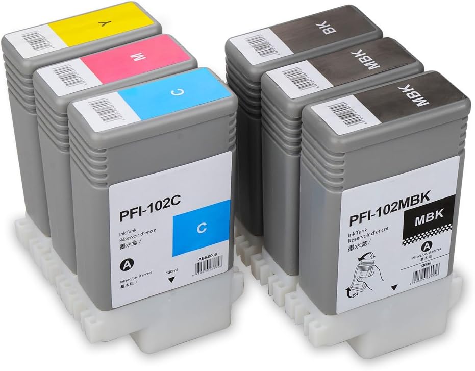 Aomya 6 Pack PFI-102 Pigment Ink Compatible Cartridge 130ml Replacement for Canon iPF 510 710 720 780 785 680 685 650 655 750 755 760 765 (2MBK, 1 BK, 1 C, 1 M, 1 Y)