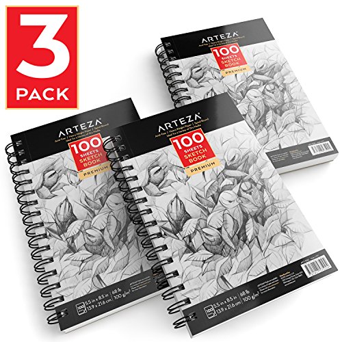 Arteza 5.5"X8.5" Sketch Book 3 Pack, 300 Pages Total, Two Spiral Bound Artist Sketch Pads, 100 Sheets Each, Durable Acid Free Drawing Paper (68 lb./100gsm), Ideal for Kids & Adults, Bright White