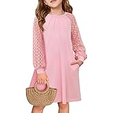 Haloumoning Girls Contrast Lace Long Sleeve Dress Kids Casual Pleated A Line Short Dresses with Pockets 5-14 Years