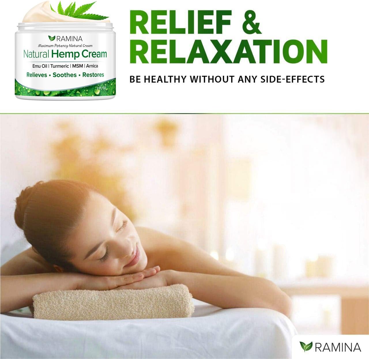Ramina Natural Hemp Extract Pain Relief Cream - Made in USA - Potent Turmeric, MSM & Arnica - Relieves Inflammation, Muscle, Joint, Back, Knee, Nerves & Arthritis Pain - Non-GMO - 2 fl. oz: Health & Personal Care