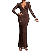 KUTUMAI Women Sexy V Neck Sequin Long Sleeve Bodycon Maxi Dress Sparkly Ruched Gown Evening Formal Dresses