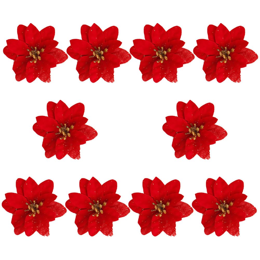 HOMSFOU 40 Pcs Artificial Poinsettia Christmas Flowers, Red Glitter Xmas Tree Decorations, Mini Bouquet Flower 6cm for Holiday, Party, Wedding Decor