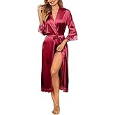 Ekouaer Satin Robes for Women Lace Trim Silk Robe 3/4 Sleeve Kimono Bathrobe Bride Bridesmaid Wedding Party Sleepwear S-XXL