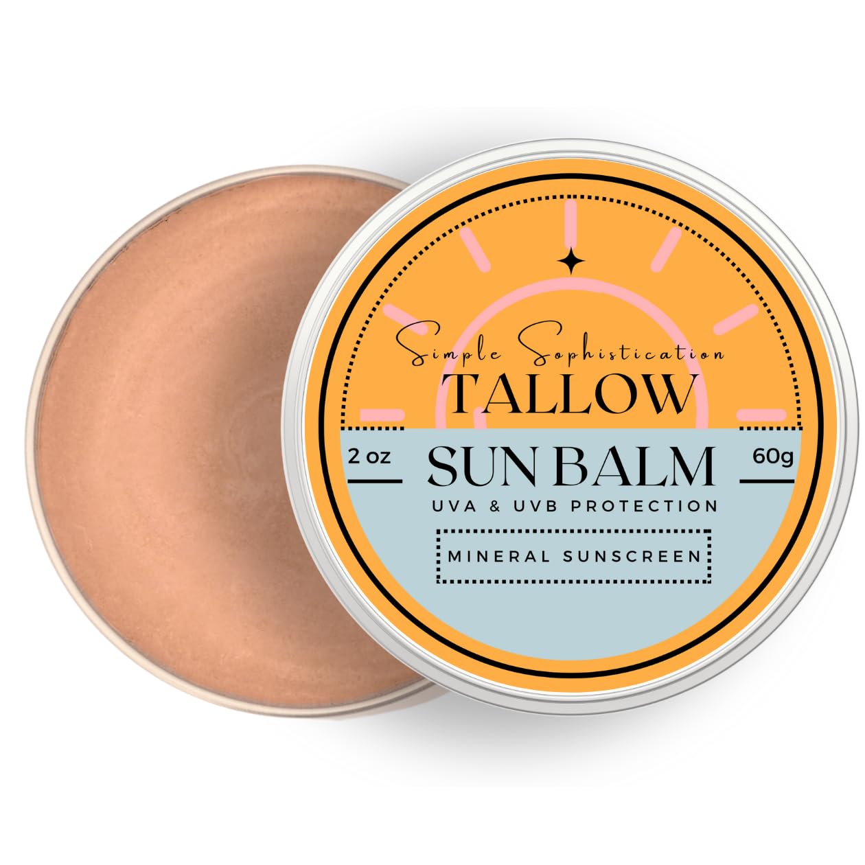 Photo 1 of Tallow Sun Balm- with grassfed beef tallow, castor oil, zinc oxide | Mineral Sunscreen | Natural, Organic | Reef Safe, Ocean Friendly | Spf 30 - suitable for sensitive skin (2 oz) (Medium)