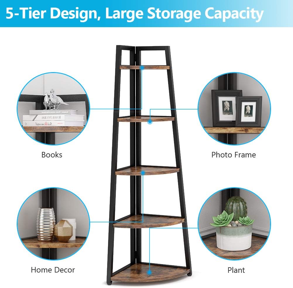 Tribesigns 70 inch Tall Corner Shelf, 5 Tier Rustic Corner Bookshelf Industrial Corner Ladder Shelf Small Bookcase Plant Stand for Living Room, Kitchen, Home Office: Kitchen & Dining