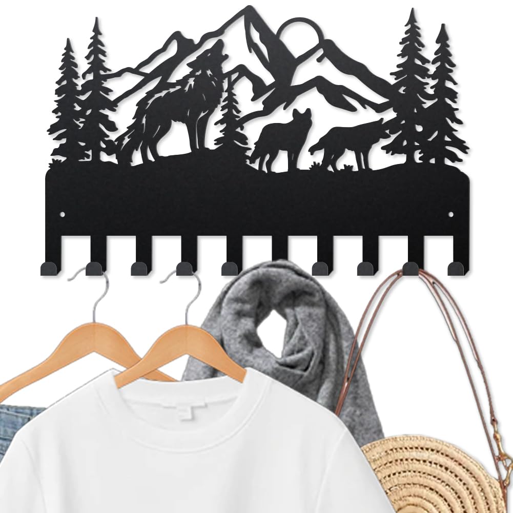 MAYJOYDIY Wolf Mountain Coat Rack Wall Mounted Wildlife Metal Key Hook 40×25cm Nature Landscape Animal Black Art Key Holder with 10 Hooks for Gift Coats Hats Towels Bags Hanging