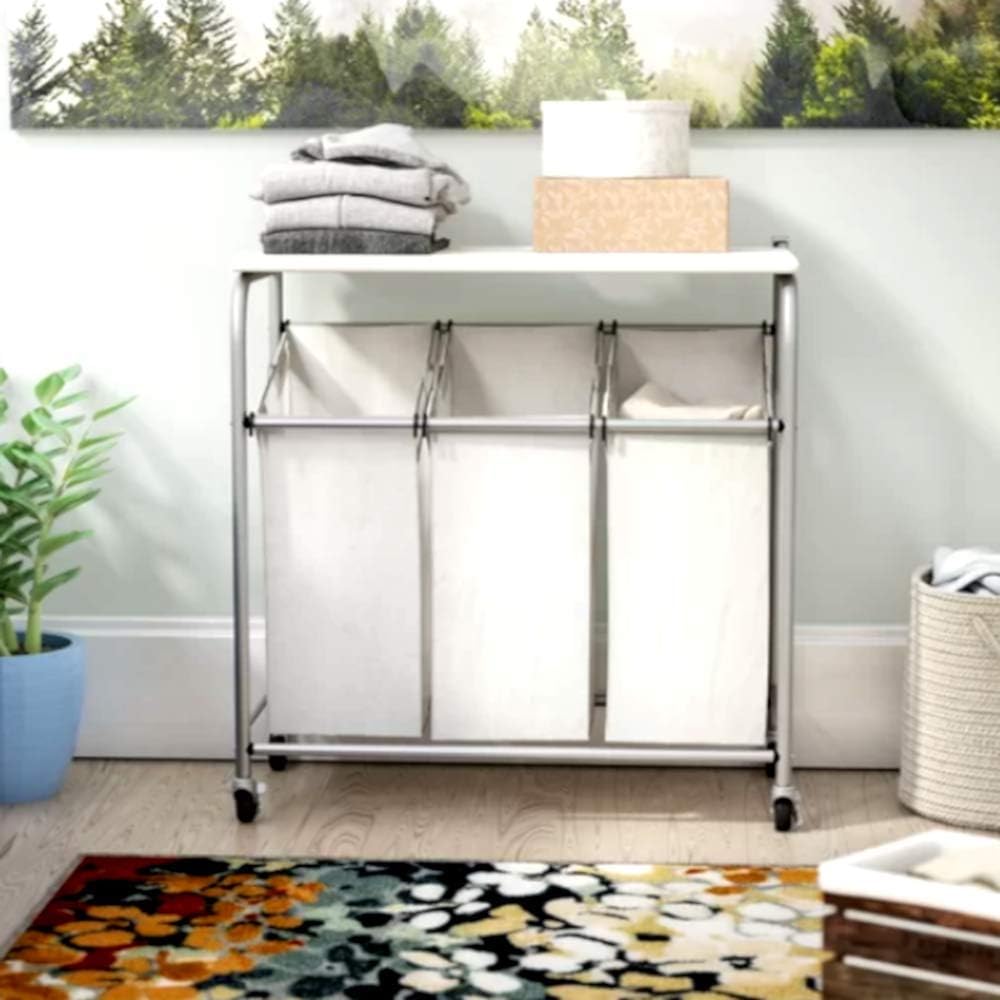 Hampers for Laundry Clearance, Contemporary White Cloth and Metal Rectagular Laundry Hamper, Modern 3 Compartment Combo Bathroom Country Cabinet Laundry Hamper & E-Book