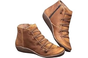 HiGropcore Women's Arch Support Ankle Boots, Womens Vintage Booties with Flat Low Heel, Leather Boots Slip On Casual Sneakers for Ladies