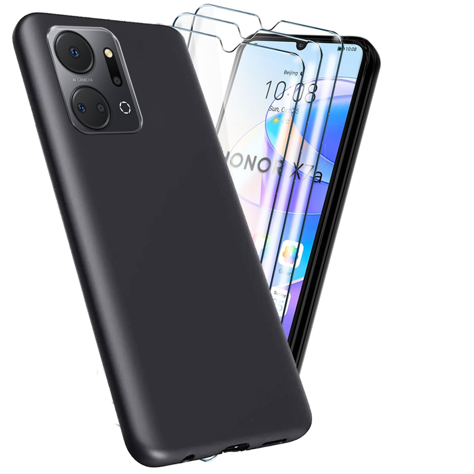 [4 in 1] Case Compatible with Honor X7A Cover with 3 Pack Tempered Glass Screen Protector for Honor X7A, Slim Fit Soft TPU Shockproof Anti-Scratch Phone Case Cover - Black