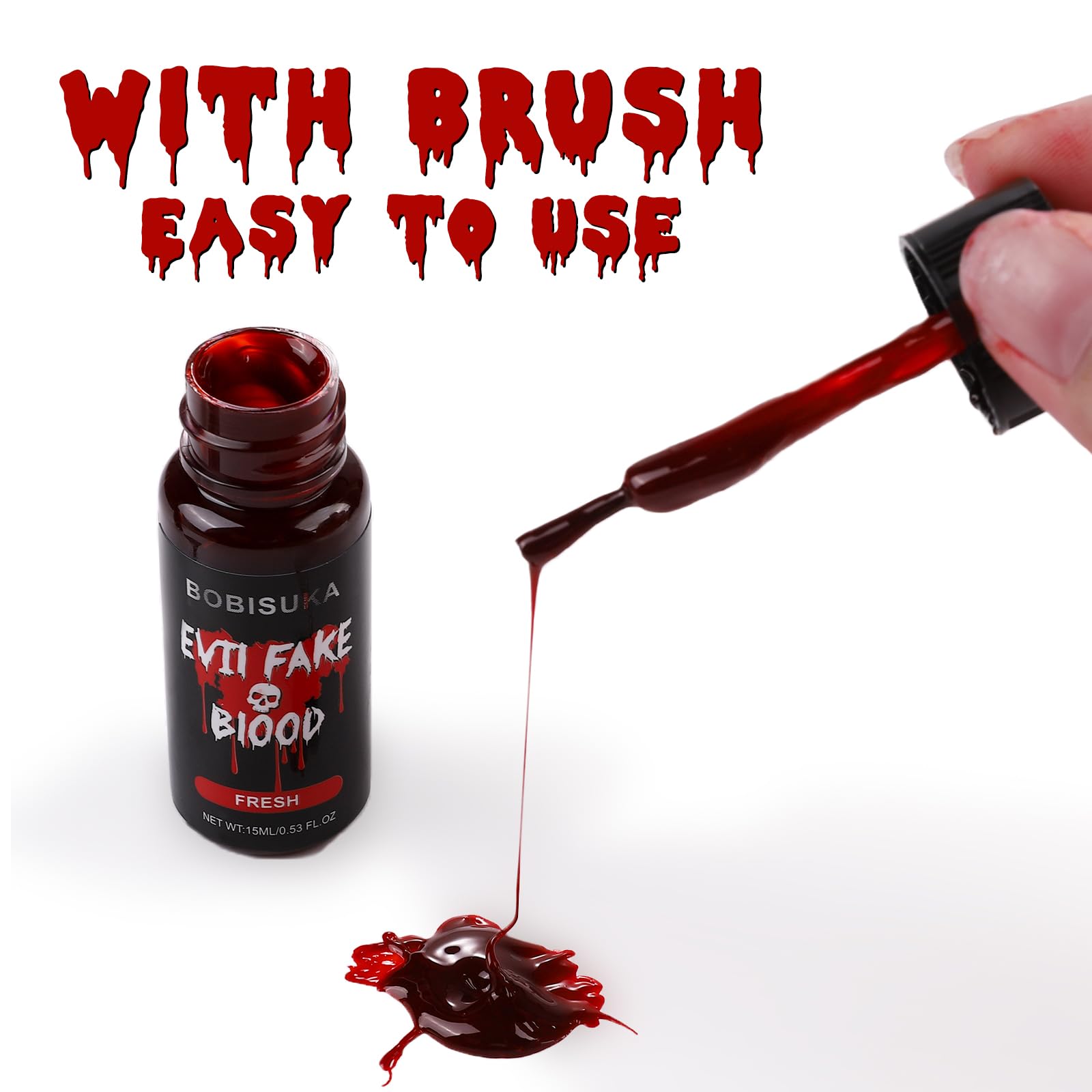 BOBISUKA Halloween Fake Blood, Fresh Fake Blood 0.53oz, Realistic Washable Liquid Dripping Fake Blood Makeup Kit for Halloween, SFX Makeup, Cosplay Party, Stage, Horror Film