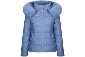 Yihaojia Women's Fur Hooded Puffer Jacket Zip Pocket Thicken Quilted Puffer Jacket Warm Parka Outwear