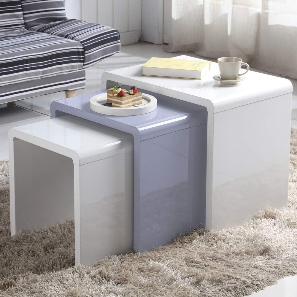 Goldfan Nest Of 3 Tables Morden High Gloss Coffee Table Set Living Room Bedside Tables Multi Functional Side Table White Grey Amazon Co Uk Kitchen Home