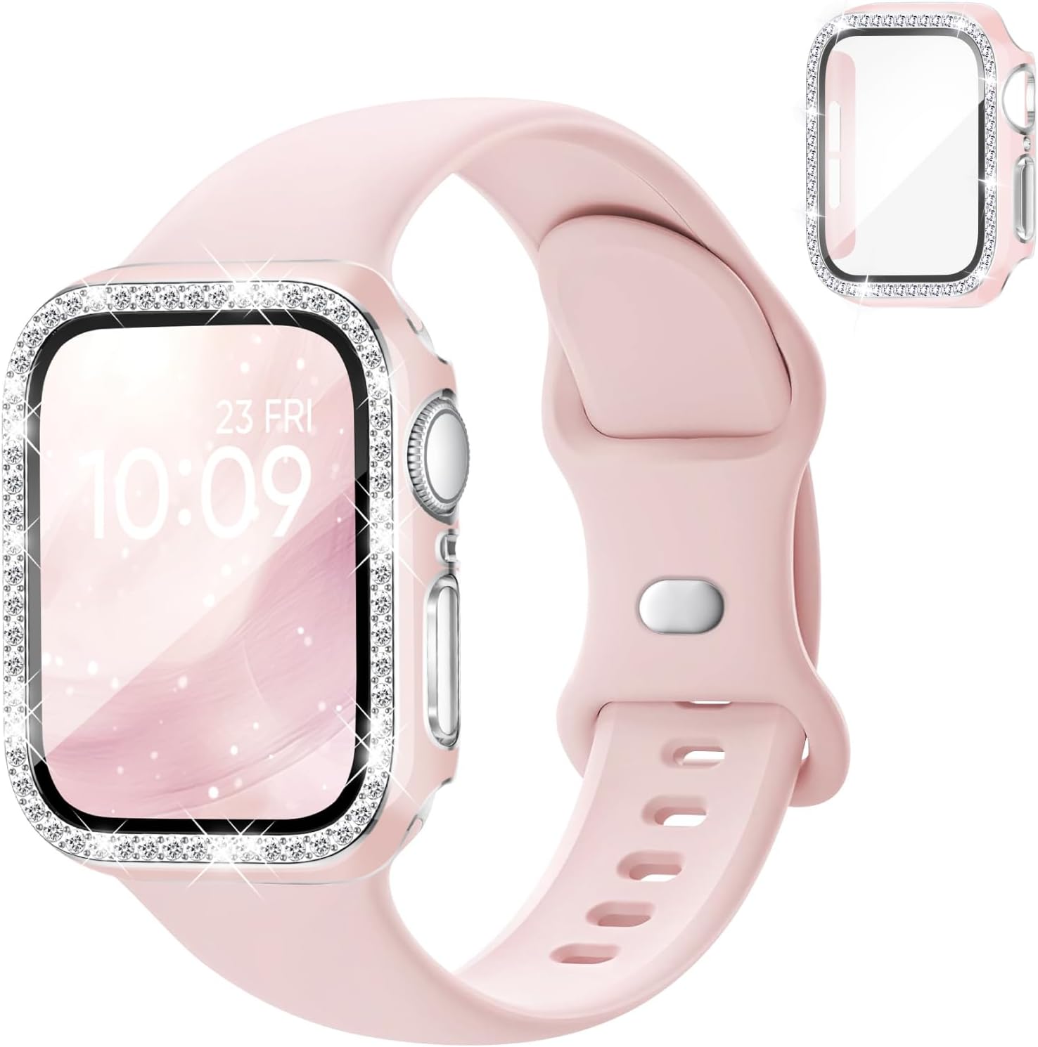 Silicone Band and Case Compatible with Apple Watch Bands for Women 40mm 44mm 41mm 45mm 42mm 46mm, Sport Strap with Bling Diamond Screen Protector Cover for iWatch Series 11/SE3/10/9/8/7/6/5/4