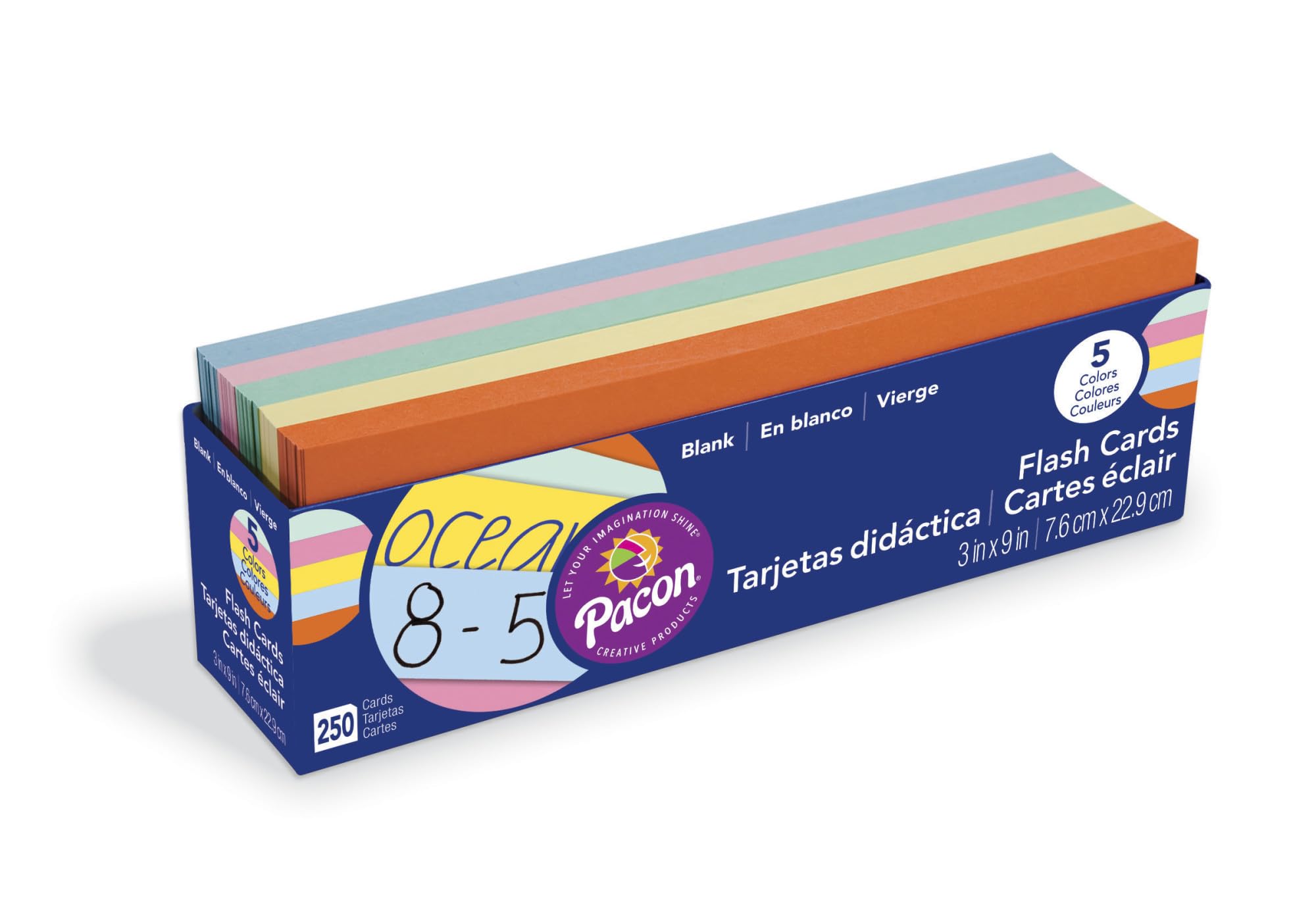 Pacon Blank Flash Cards, 250 Pack, 3" x 9", 5 Assorted Colours, Learning Tools, Revision Cards, Teaching, For Schools, Homework & Home schooling