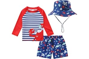 Tunoluker Toddlers Baby Boys' 3-Piece Rashguard Sets Swimsuits Bathing Suit with Hat Surfing Swimwear Sunsuit UPF 50+