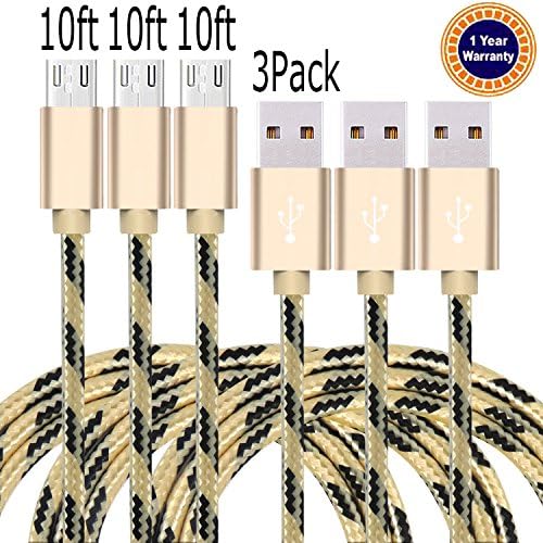 Jricoo 3pack 10ft Micro USB to USB Cable 2.0 10ft Nylon Braided Extremely Long USB Charging Cable for Android, Samsung Galaxy, HTC, Nokia, Huawei, Sony and Other Tablet Smartphone (Gold black)