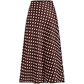 LOFAAC Women Elegant Polka Dot Satin Midi Skirts Vintage High Waisted Flowy Swing Going Out Silk Long Skirt