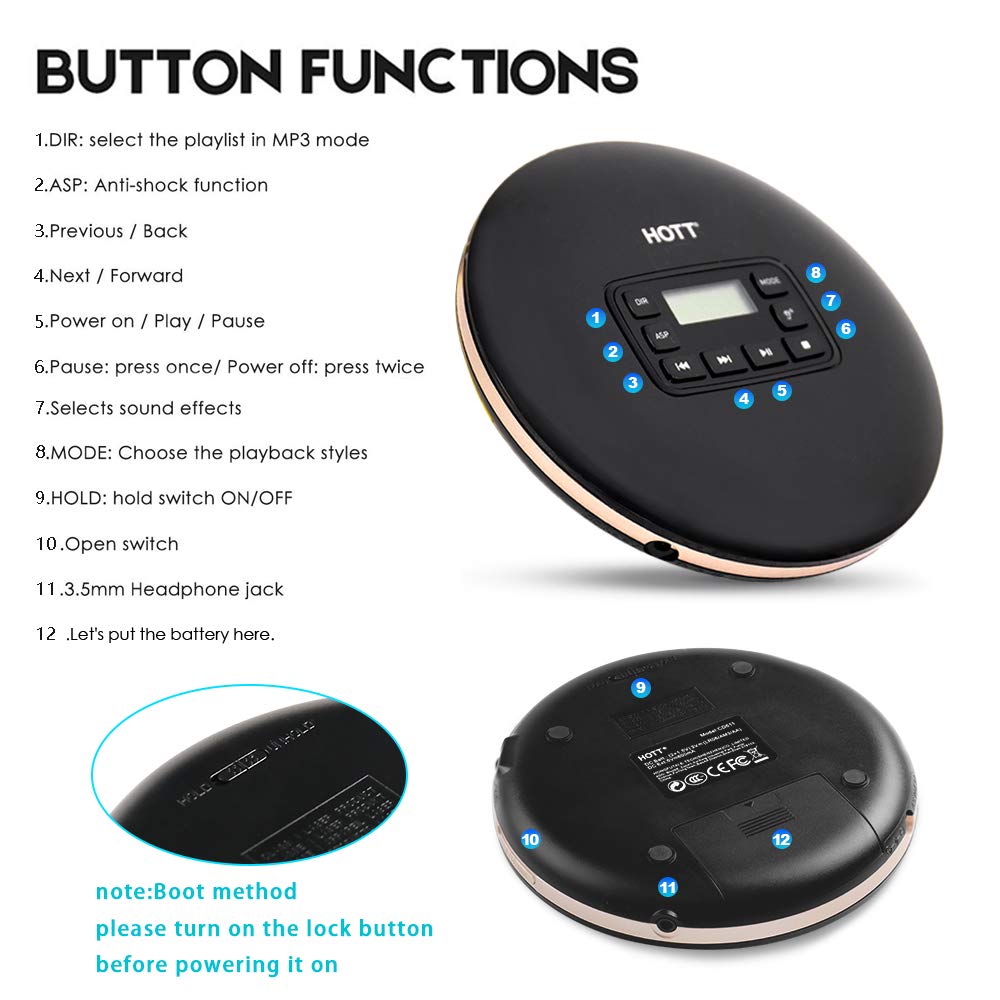 HOTT CD611 CD Player Portable Anti-Shock Personal Portable CD Player with Headphones USB AUX Output for Car Travel Home - Black