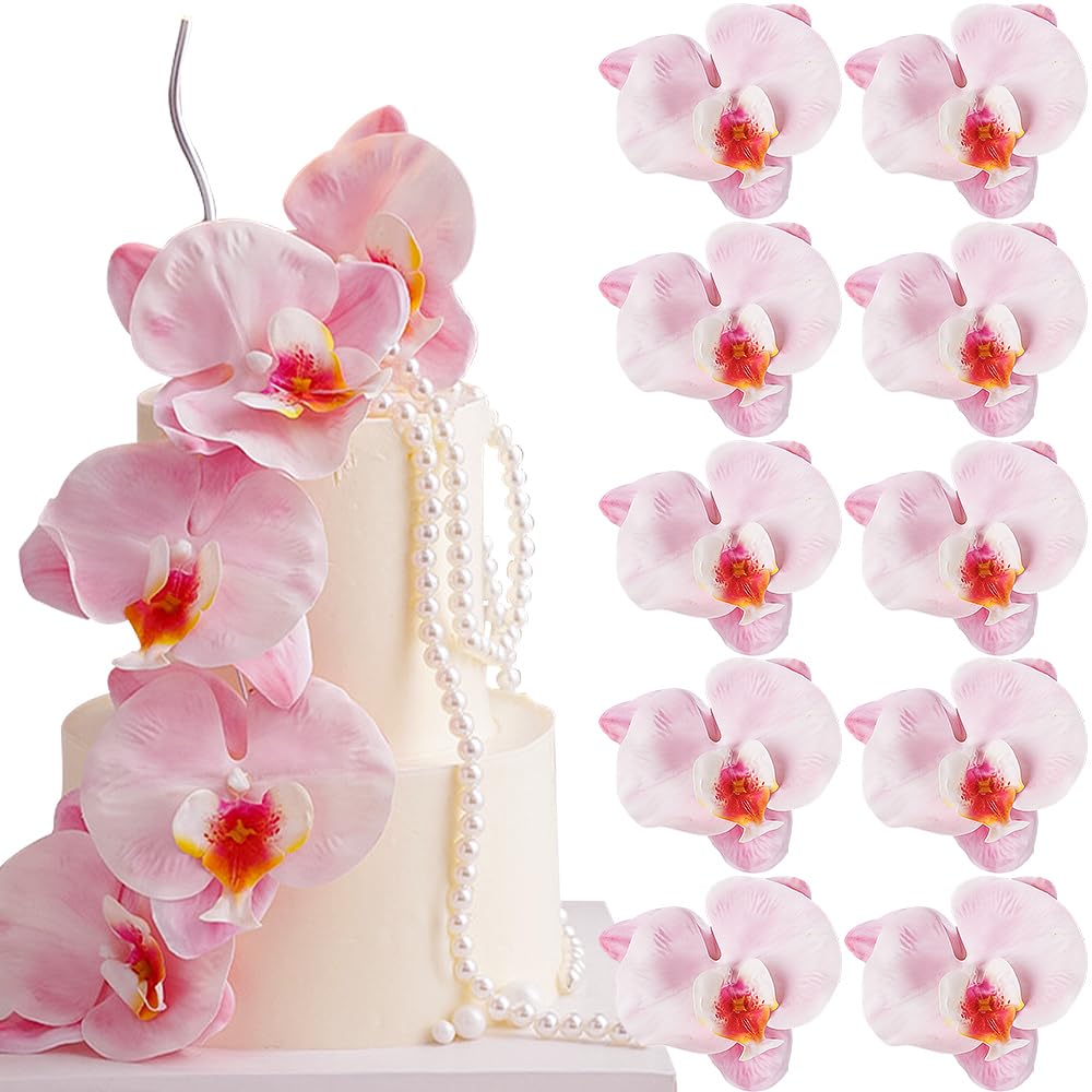 Photo 1 of 10pcs Pink Butterfly Orchid Flower Cake Toppers for Women Birthady Cake Decorations Phalaenopsis Cupcake Toppers Artificial Flowers for Cake Decorating Supplies Floral Wedding Decor Party Decorations