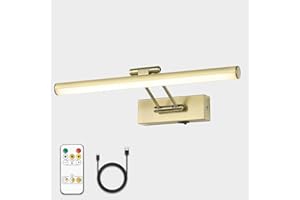 JOOSENLUX Picture Lights for Wall Antique Bronze Wireless Picture Lights for Paintings Dimmable Dual-Rods Swing Arm LED Wall Light Fixtures Adjustable 15.75" Long Gold Wall Sconce with Remote