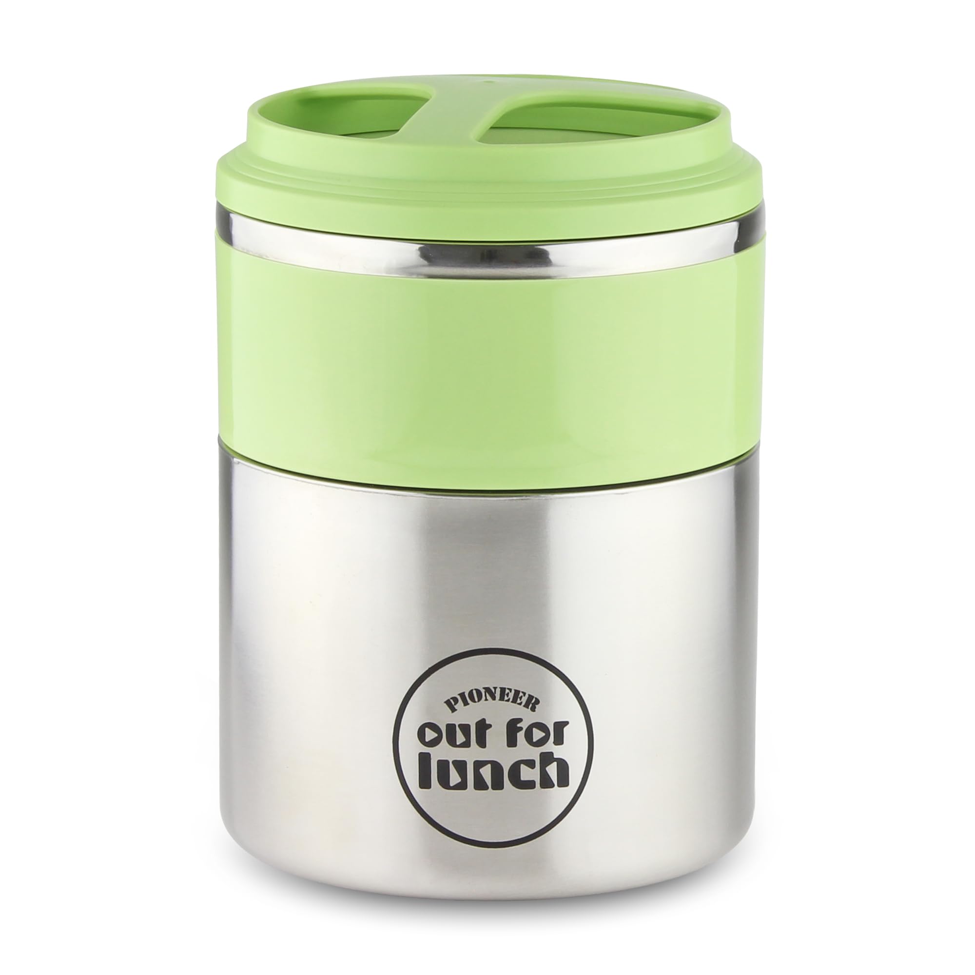 Pioneer Vacuum Insulated Lunch Box 2 Tier, Leak-Proof Food/Soup Flask with Extra Wide Opening and 2 Compartments, 4 Hours Hot 8 Hours Cold, 18/10 Stainless Steel - Green, 1.5 Litre