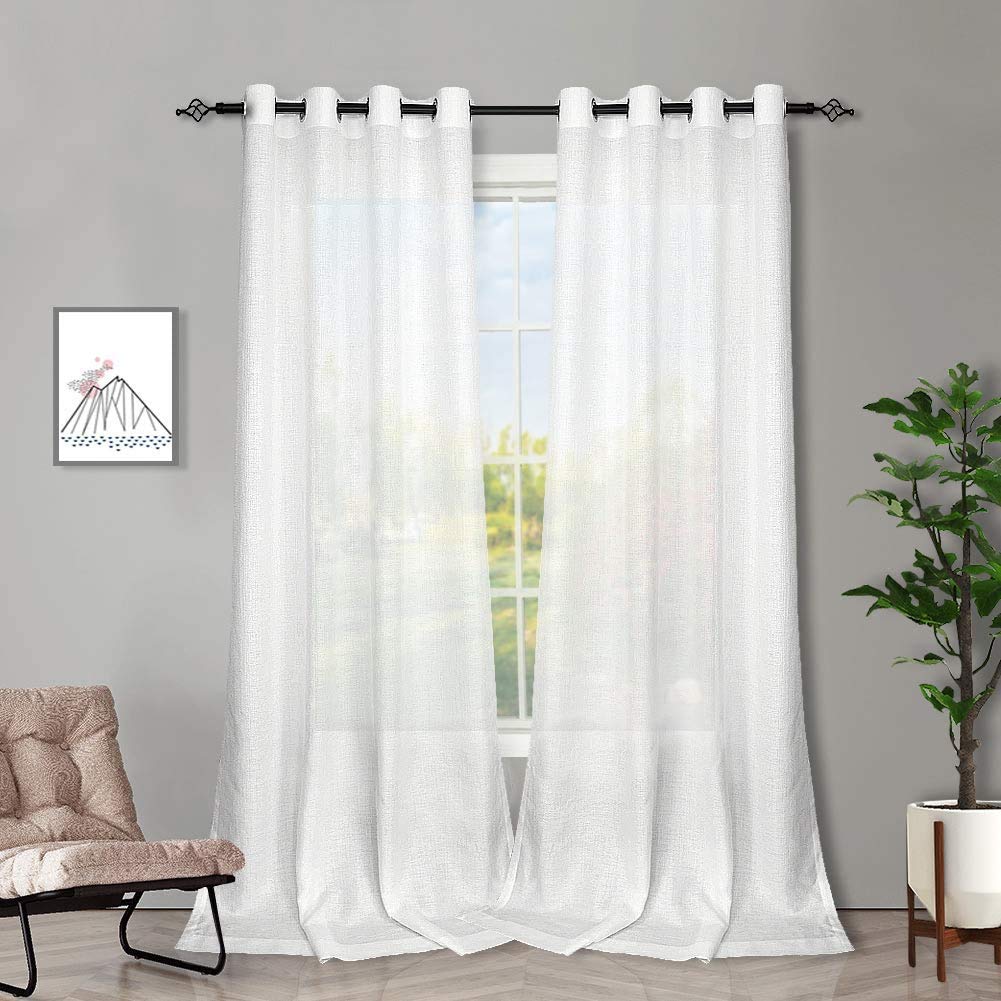 Melodieux Semi Blackout Curtains - 2 Panel Faux Linen Voile Net Curtains Semi Sheer Ring Top Drapes for Bedroom, Living Room, Window (White, 55 x 72 inch drop)