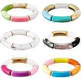 Ornaland 6 Pcs Bamboo Tube Bangles Bracelets Chunky Curved Stacking Acrylic CCB Plastic Beads Stretch Bracelets Set Color Friendship Couple Bracelets Gift for Women Men,2 inch(5.2cm)