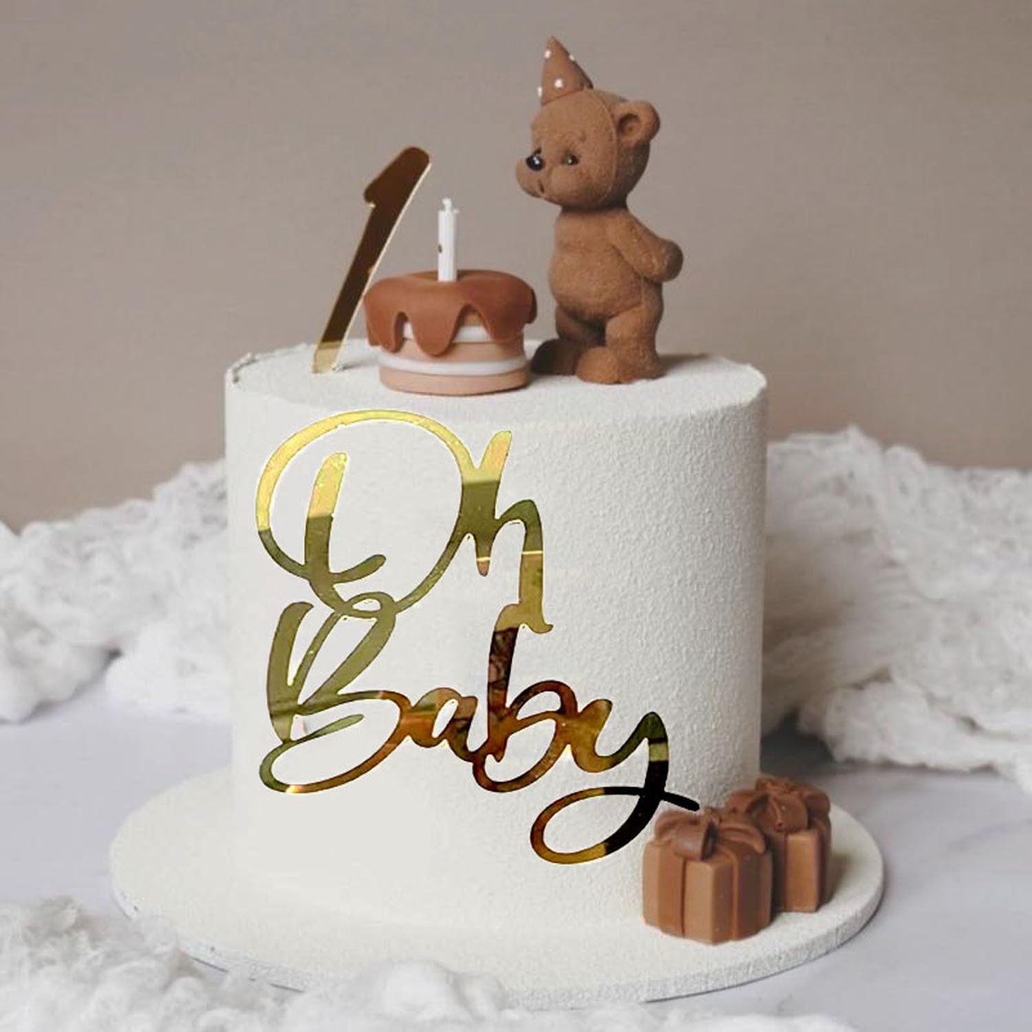 Photo 1 of "Oh Baby"Cake Topper, Golden Acrylic Baby Party Cake Decoration, Baby Baptism/pregnancy announcement party/New Baby Gender Reveal Party Cake Decoration