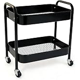 Ufriandz 2 Tier Metal Rolling Utility Cart with Wheels Under Desk Storage Cart with Handle, Roll Around Organizer Trolley for Small Space Pantry Bathroom Home Kitchen Office Snack Baby Supplies, Black