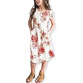 21KIDS Girl Maxi Dress Floral Short Sleeve Dresses with Pockets for Girls 6-14 Years
