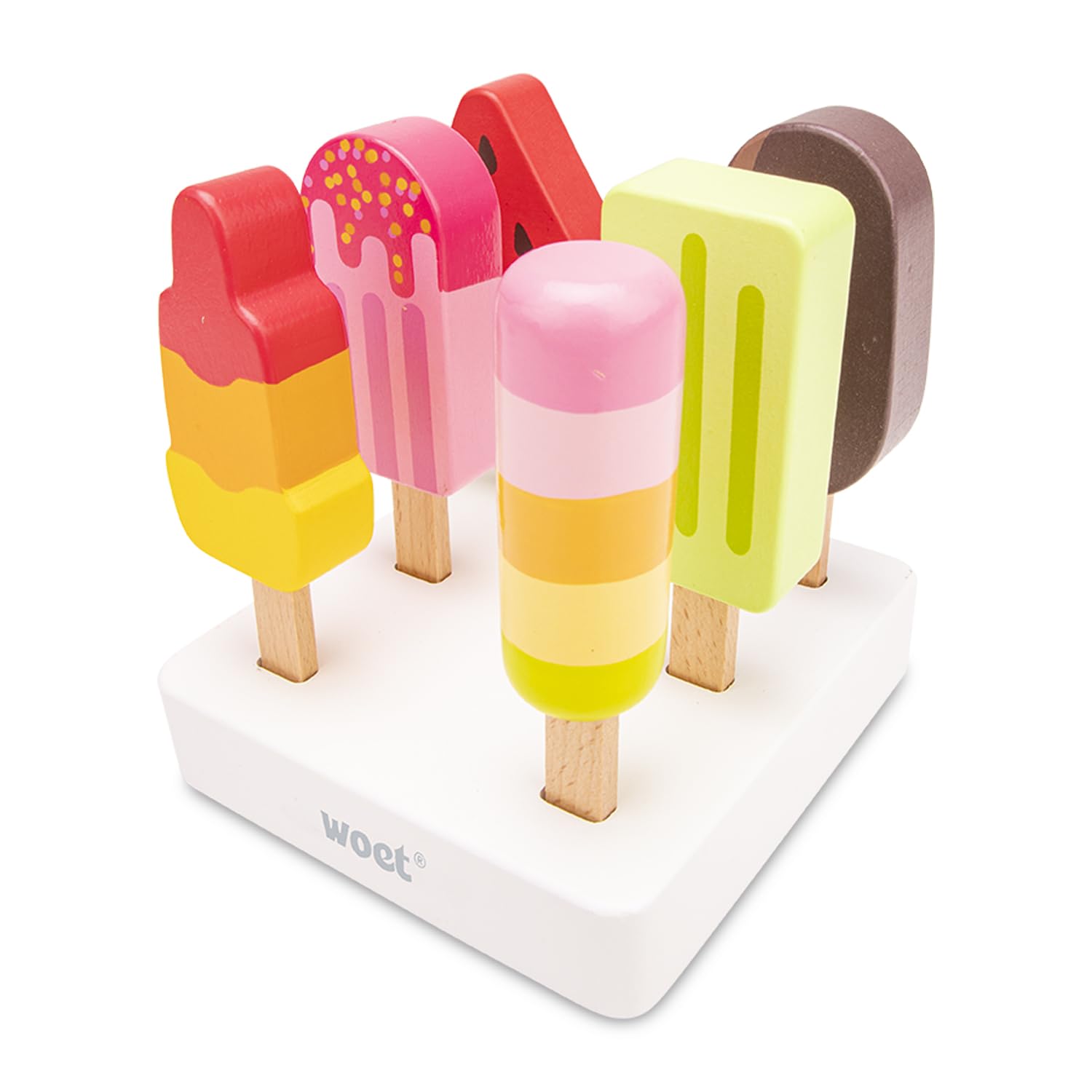 Woet® Wooden Toy Ice Lollies for Kids - 6 Pieces in Wooden Stand - Pretend Play Food Set - Role Play Kitchen Toy - Age 3 Years+