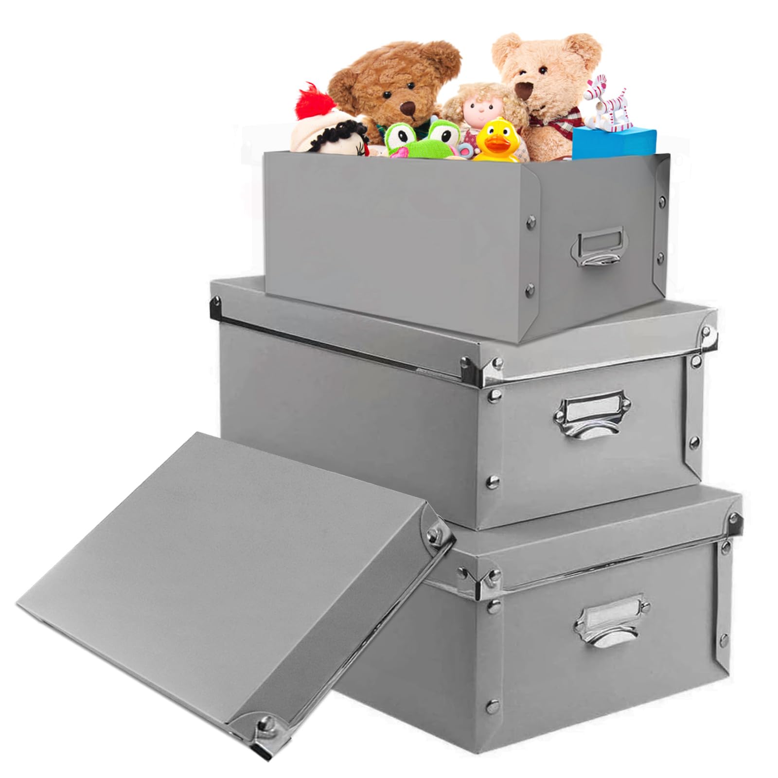 XUCHUN Foldable Storage Baskets, 3 Piece Multiple Sizes Small/Medium/Large Waterproof Plastic Box with Lid for Shoes Grey