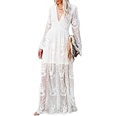 Women's Casual Off Shoulder Lace Maxi Dress Boho White Bridesmaid Wedding Evening Party Dresses