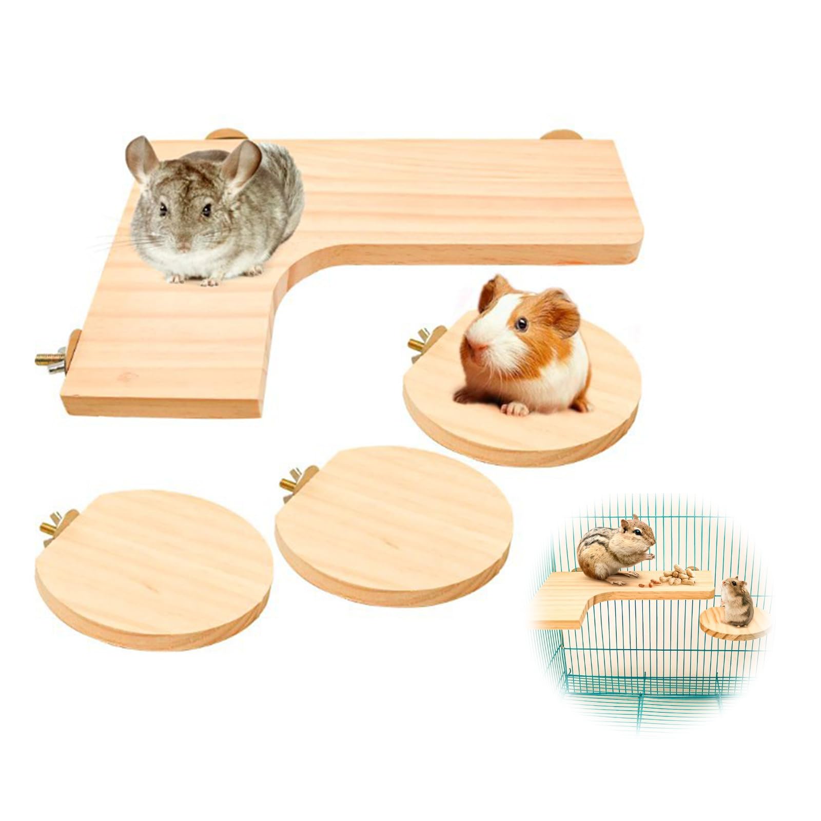 Vokowin 4pcs Hamster Wooden Platform Shelf, Hamster Platforms L-Shaped Large Platform Natural Wood Parrot Round Stand Board Mice Activity Pedal Chinchilla Bird Cage Accessories (K277-1)