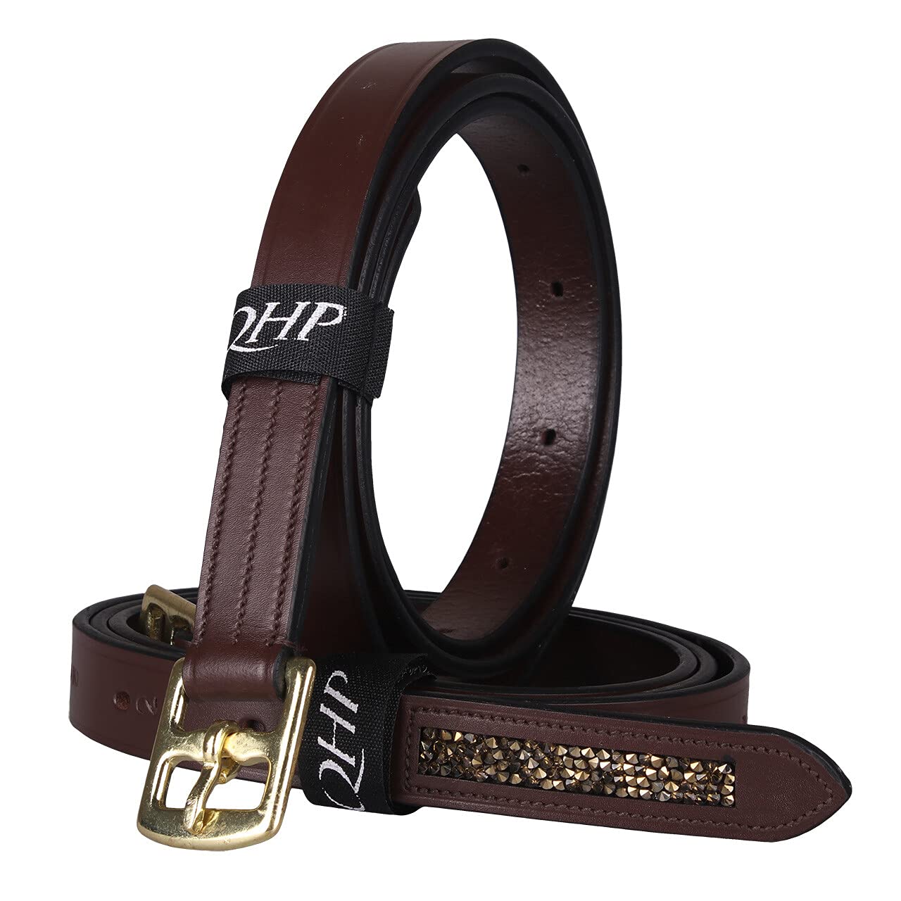 QHP Lupine Leather Stirrup Leathers with Rhinestones at the End (135 cm, Brown/Beige)