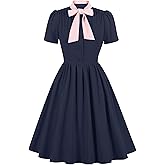 1950s Dresses for Women Vintage Rockabilly Retro Short Sleeve Tie Midi Dress Cocktail Party Evening Prom Gown