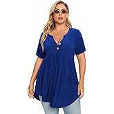 LARACE Women's Plus Size Henley Shirts V Neck Button Tunic Tops Short Sleeve Swing Flowy Blouse
