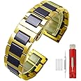 SINAIKE White Ceramic Watch Strap Bracelet Classy Watch Band Rose Gold Stainless Steel Bracelet Butterfly Clasp Push Button 18mm Watch Replacement for Men Women