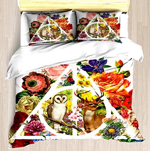 KANGSEA Floral Deathly Hallows Owl and Stag - White Duvet Cover Set Unique Printed Exclusive Designed Pattern Comforter Bedding Cover Pillow Shams 3 Piece Bed Duvet Cover Queen/Full