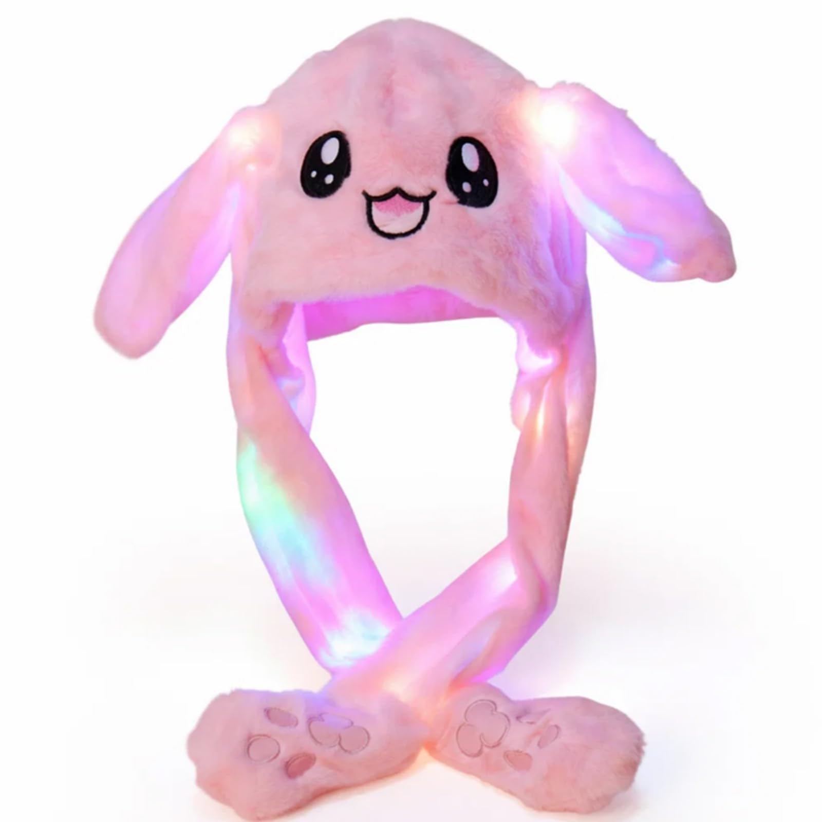 Grion Blush Pink Glowing Rabbit Hat - Pink Floppy Soft Plush Bunny Ears Paw Hand Cap Cute Animal Costume Headband - for Women Girls Party Halloween Christmas Dress Up