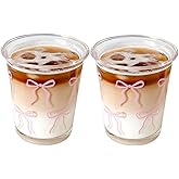yaocoral Set of 2 12 OZ French Drinking Glasses Bow Glass Coffee Cup Cute Glass Cups for Iced Coffee,Tea,Juice,Latte,Milk,Dessert,Stackable Glassware Drinkware Set (pink bow)