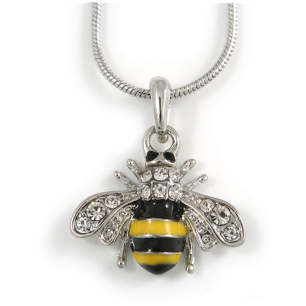 Avalaya Small Clear Crystal Yellow/Black Enamel Bee Pendant with Silver Tone Snake Chain/ 40cm L/ 4cm Ext