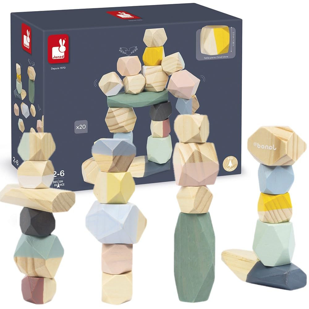 Janod - 20 Wooden Stacking Stones - Early Learning Toy for Toddlers, Water-Based Paint - Stacking Toy - Develops Fine Motor Skills and Concentration - Ages 2 and up
