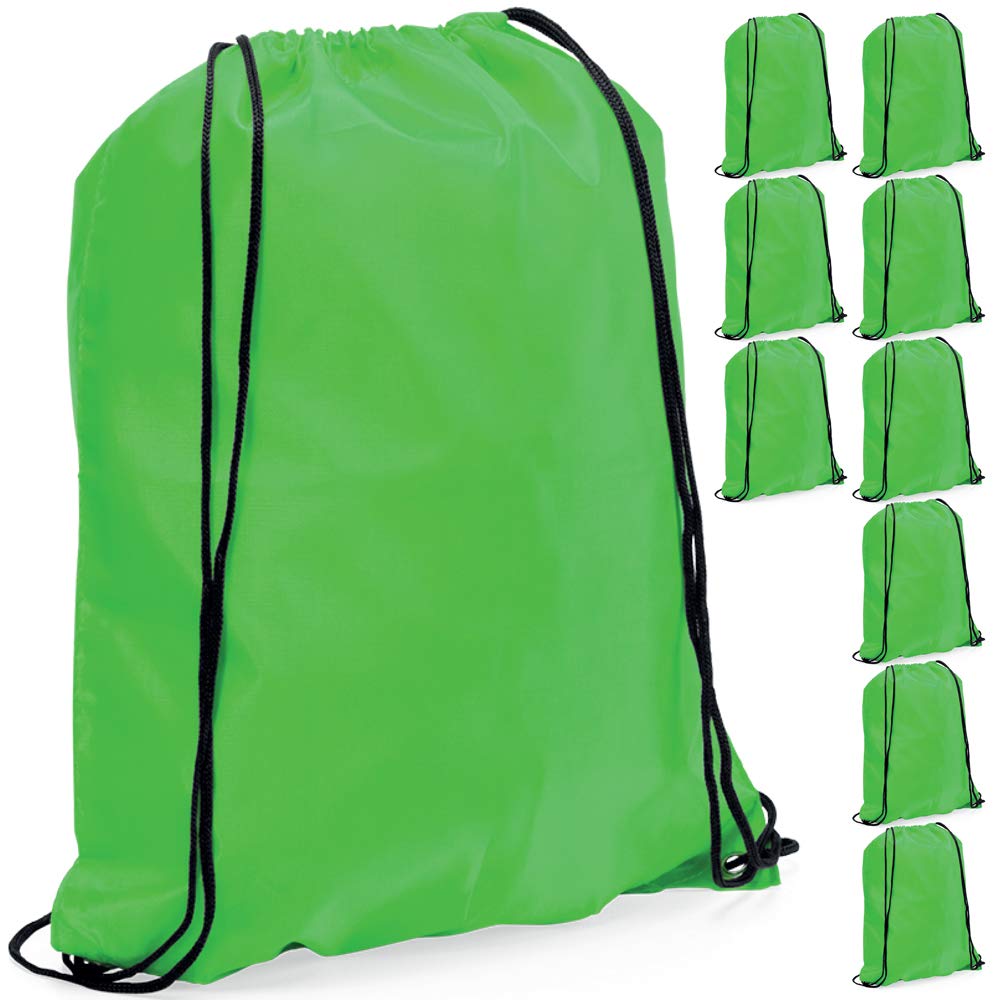eBuyGB Unisex Backpack, Rucksack, Bag, Kit, Pack of 10 Plain Polyester Drawstring Backpack Gym Rucksack School Sport Bag PE Kit Book Bag, Lime Green, 34 x 42 cm UK