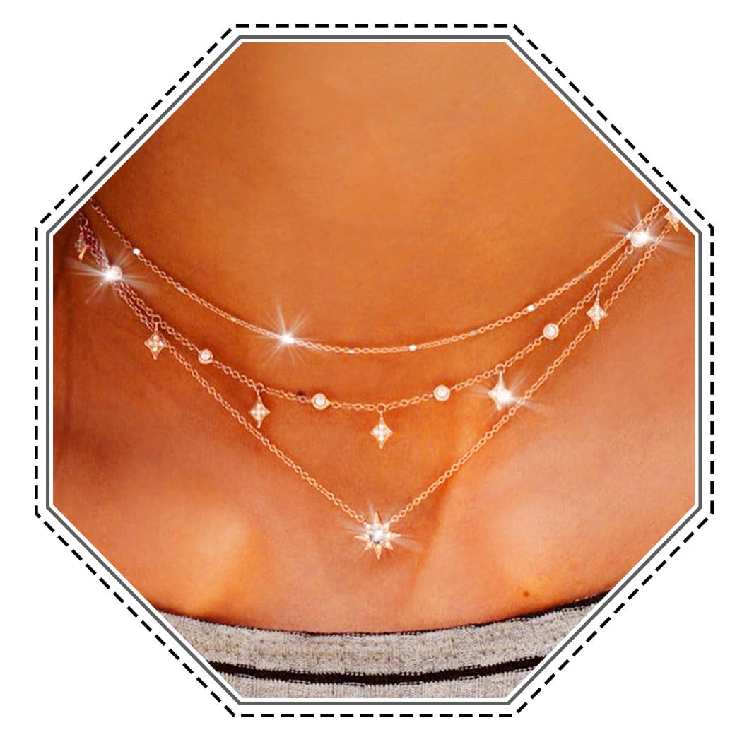 Jovono Boho Star Layered Necklace Gold Rhinestone Chockers Necklaces Pendant Chain Jewelry for Women
