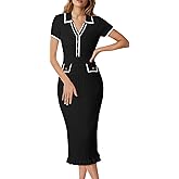 Pink Queen Women's Elegant Bodycon Dress 2026 Short Sleeve V Neck Half Button Cocktail Party Ribbed Knit Long Sweater Dress