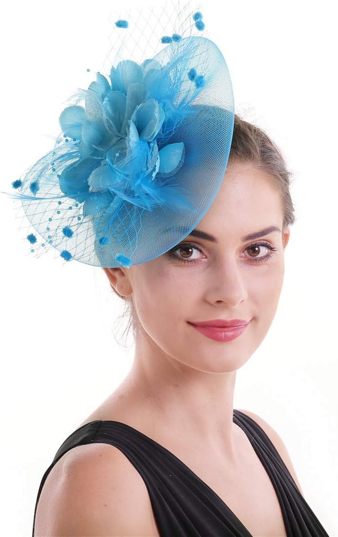 Fascinator Hat Feather Mesh Net Veil Party Hat Ascot Hats Flower Derby Hat with Clip and Hairband for Women