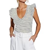 Ezbelle Women's V Neck Tank Summer Tops Striped Tshirts Ruffle Short Sleeve Slim Fitted Ribbed Knit Sexy Blouse 2026