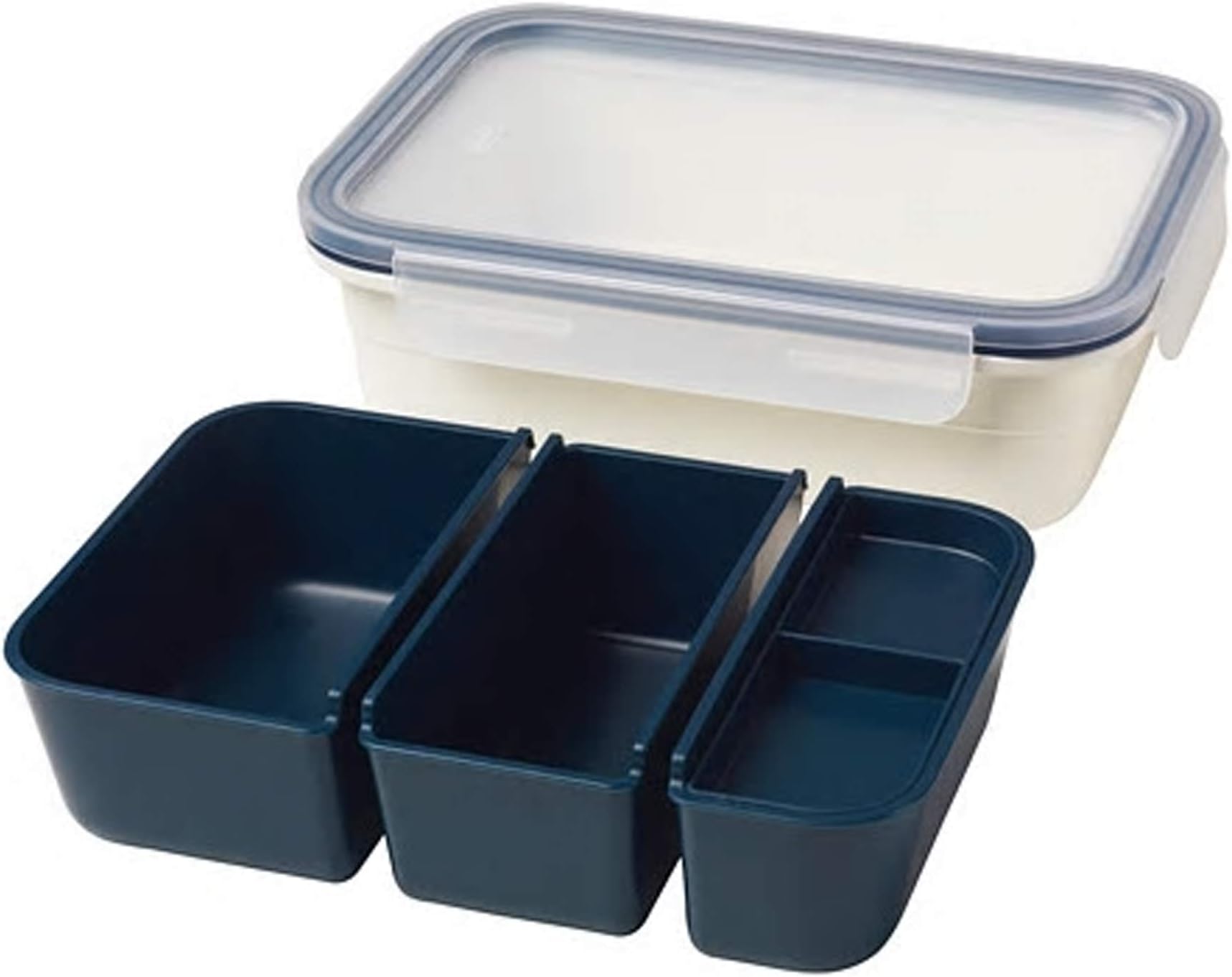 Lunch Box with Inserts Rectangular 1.0 Liters, Assembled Size Length: 21 cm Width: 15 cm Height: 6 cm, Materials Jar/Insert/Lid: Polypropylene Plastic Seal: Silicone Rubber