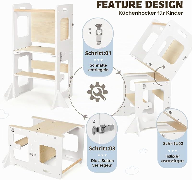 Lernturm ab 1 Jahr, Montessori Learning Tower mit Tafel, 3 in 1 Multifunktion Lernturm Klappbar, Umkippschutz Farbblockiertes Tritthocker Kinder-Weiß&Holz